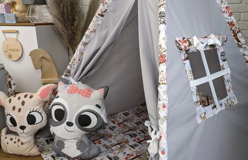 Detský stan TEEPEE (TÝPIE) ANIMALS s doplnkami - LES - šedý