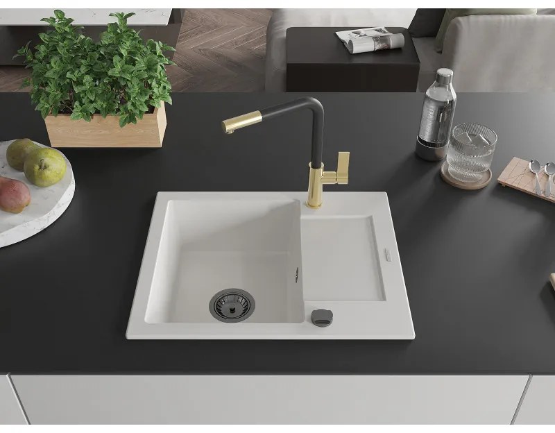 Mexen Enzo, 1-komorový granitový drez 576x465x174 mm a drezová batéria Flora, biela, 6506-20-670401-57-B