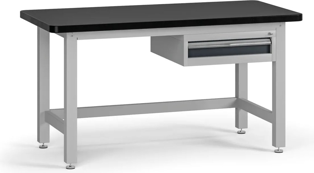 Pracovný stôl do dielne G4 so závesným boxom na náradie, 1 zásuvka, MDF + PVC doska, 1500 x 750 x 800 mm, grafit