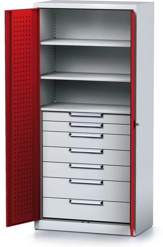 Alfa 3 Policová dielenská skriňa 2-dverová MECHANIC, 3 police, 7 zásuviek, 920 x 500 x 1950 mm, červené dvere