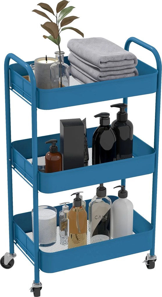 HOMCOM Úžitkový vozík s kolesami 3 košíky a oceľový rám pre obývací izbu, spálňu, kanceláriu a kuchyňu 45x30,6x79 cm Tmavomodrá | Aosom