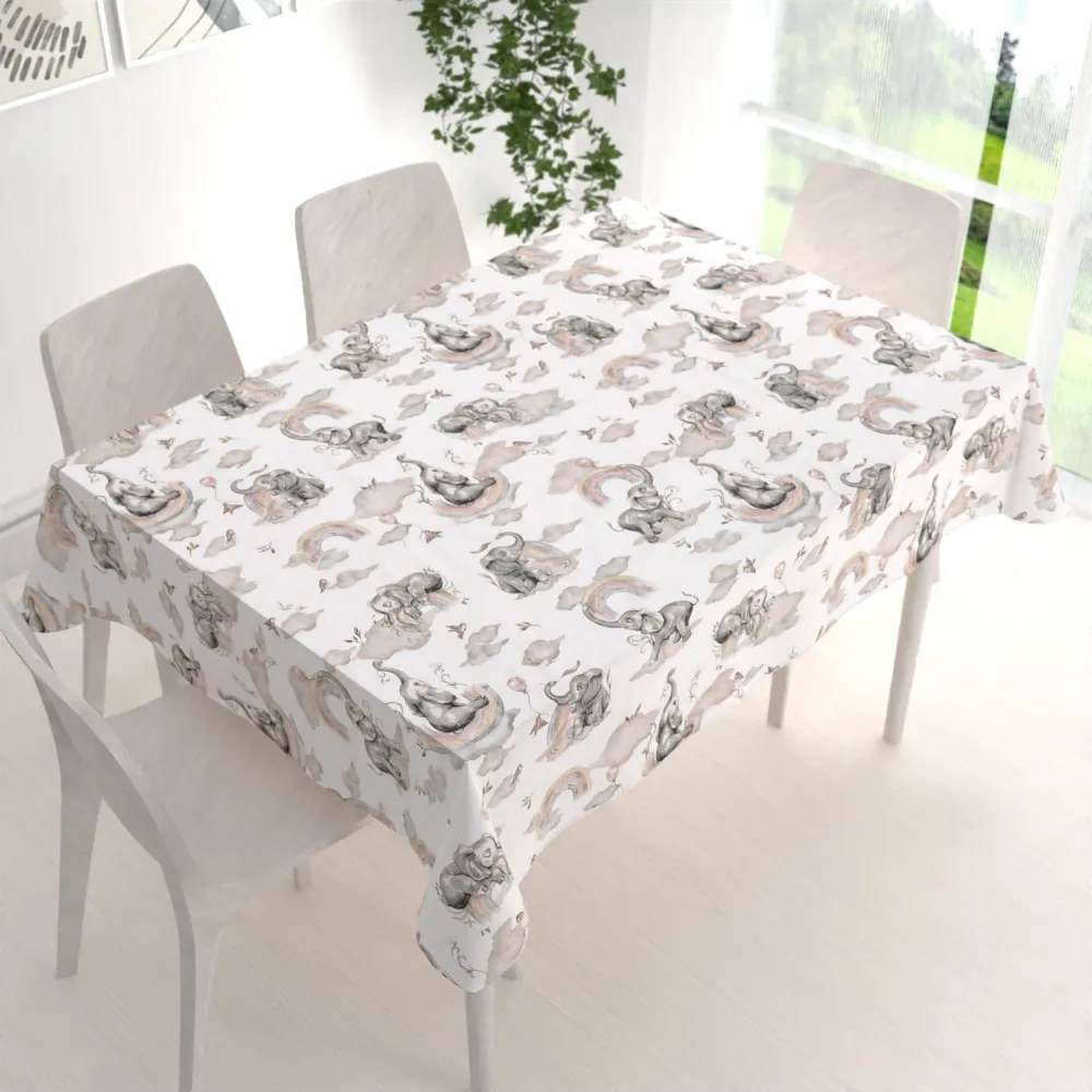 Biante Detský bavlnený obdĺžnikový obrus Sandra SA-462 Slony so sivohnedou dúhou na bielom 80x120 cm