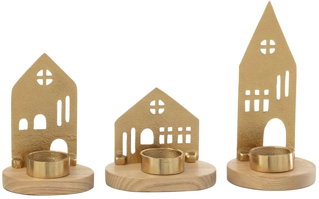Set 3ks svietnik domček na čajovú sviečku House gold - 9*9*19 cm