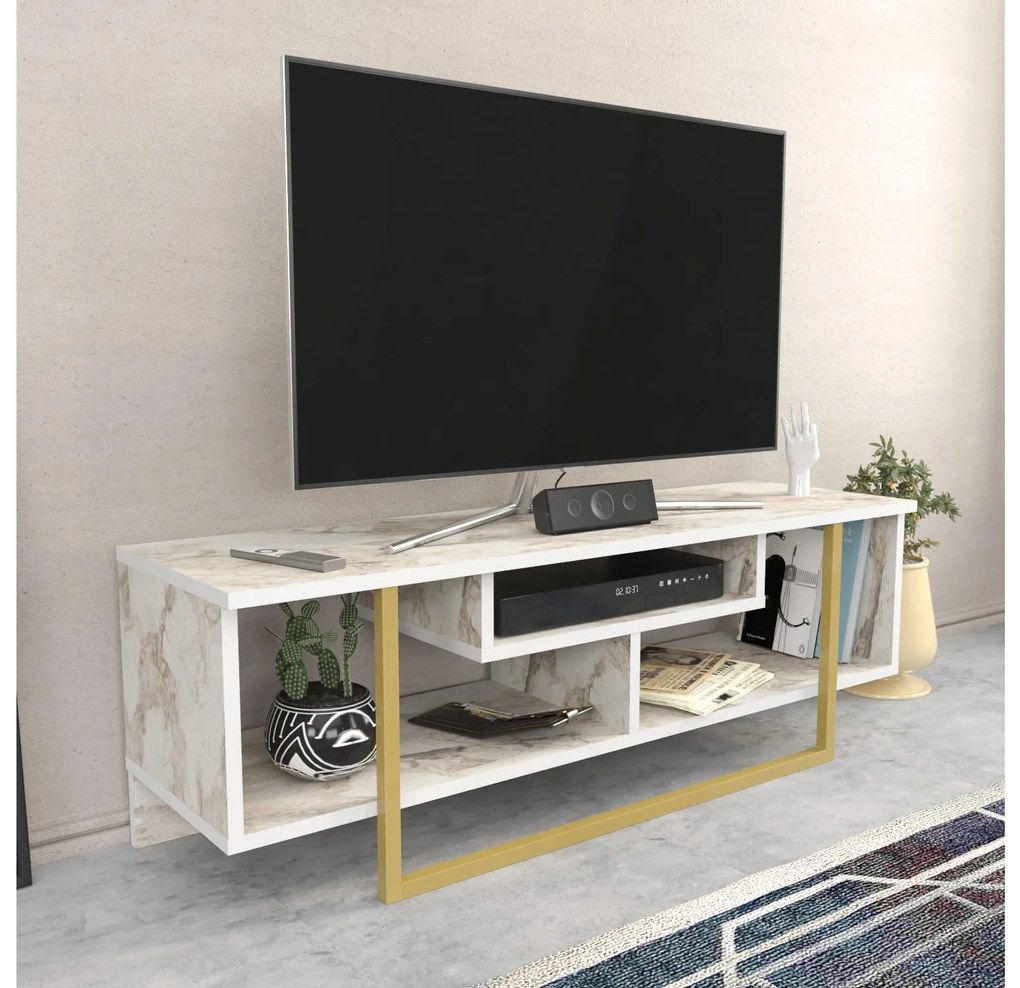 TV stolík/skrinka Aslana 120 (biela + zlatá). Akcia -19%. Vlastná spoľahlivá doprava až k Vám domov. 1101386