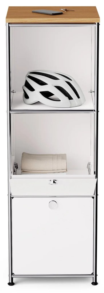 Úzka kovová komoda »CN3« s drevenou doskou a 2 výklopnými priečinkami, biela