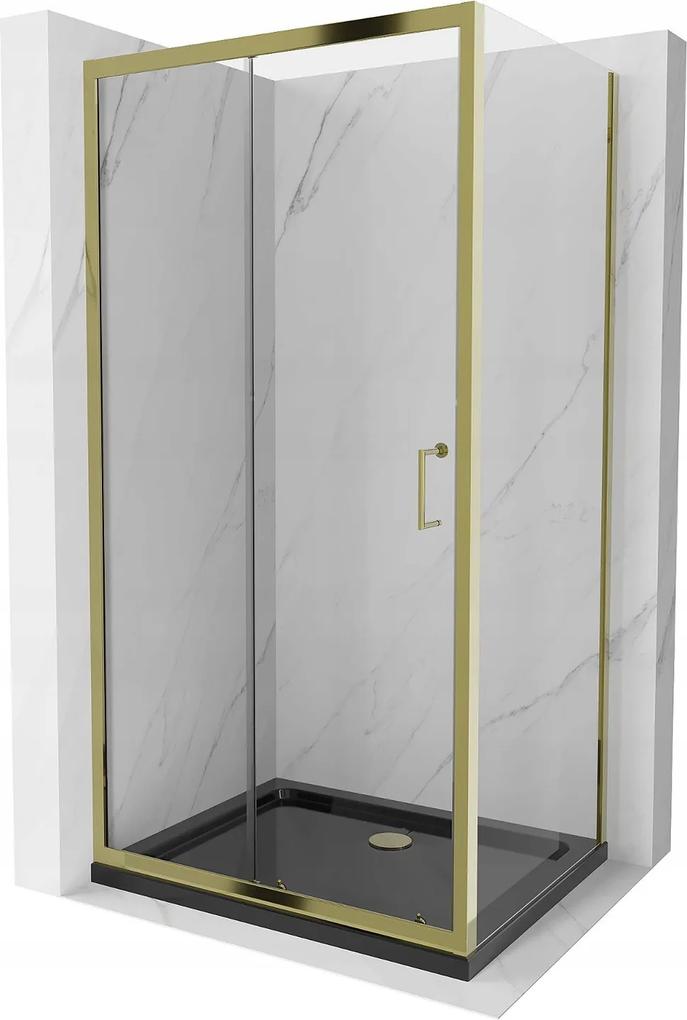 Mexen Apia sprchovací kút s posuvnými dverami 140 (dvere) x 70 (stena) cm, 5mm číre sklo, zlatý profil + čierna sprchová vanička SLIM, 840-140-070-50-00-4070G