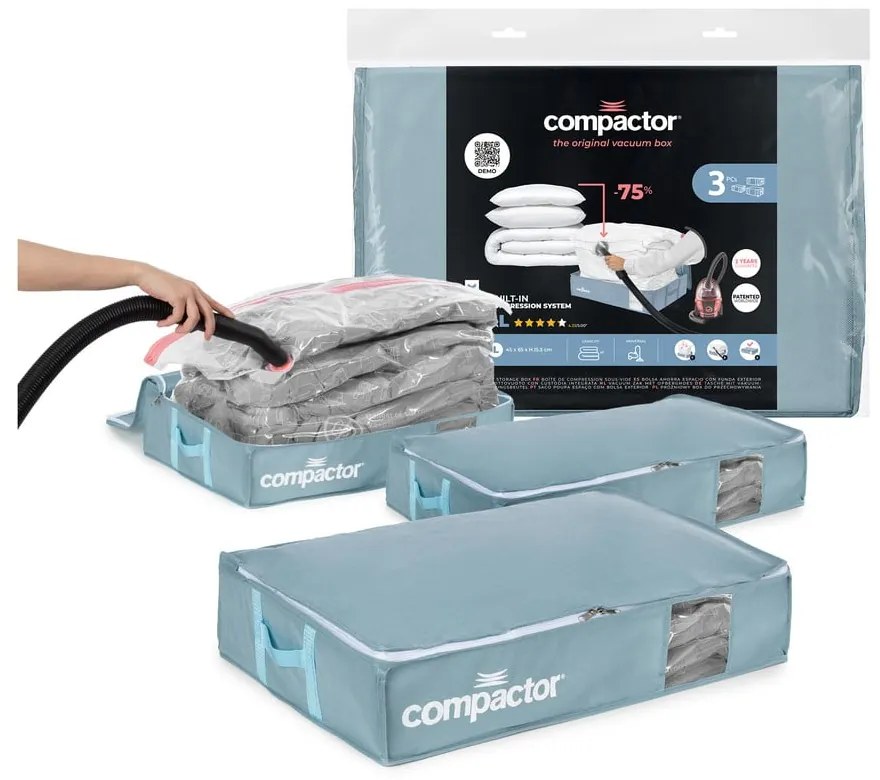 Vákuové plastové úložné boxy pod posteľ v súprave 3 ks 65x45x15,5 cm Blue Edition – Compactor