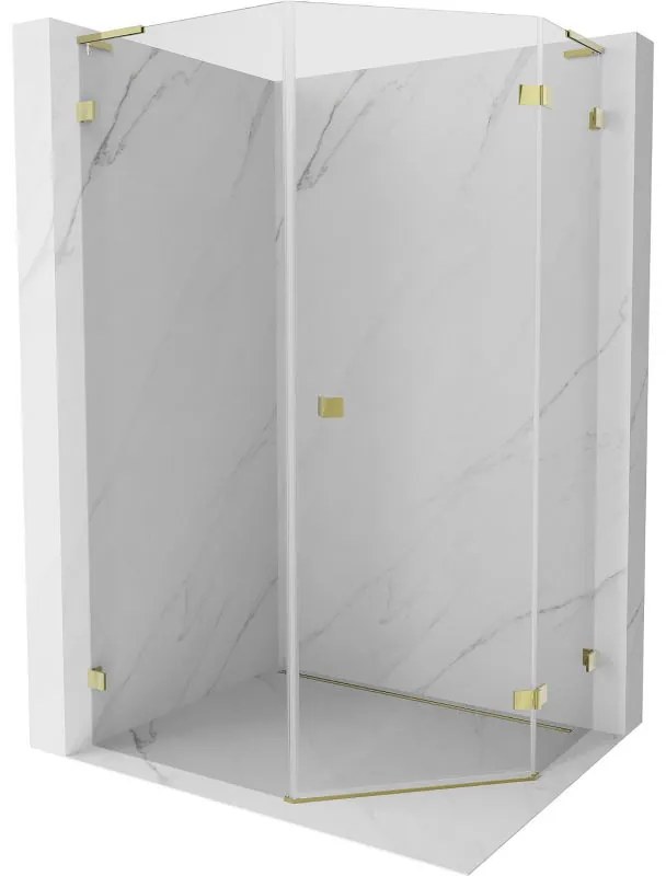 Mexen Lunar, L pravý výklopný päťuholníkový sprchový kút 80 x 90 cm, 8mm číre sklo, zlatý profil, 831L-080P-090L-50-00-P