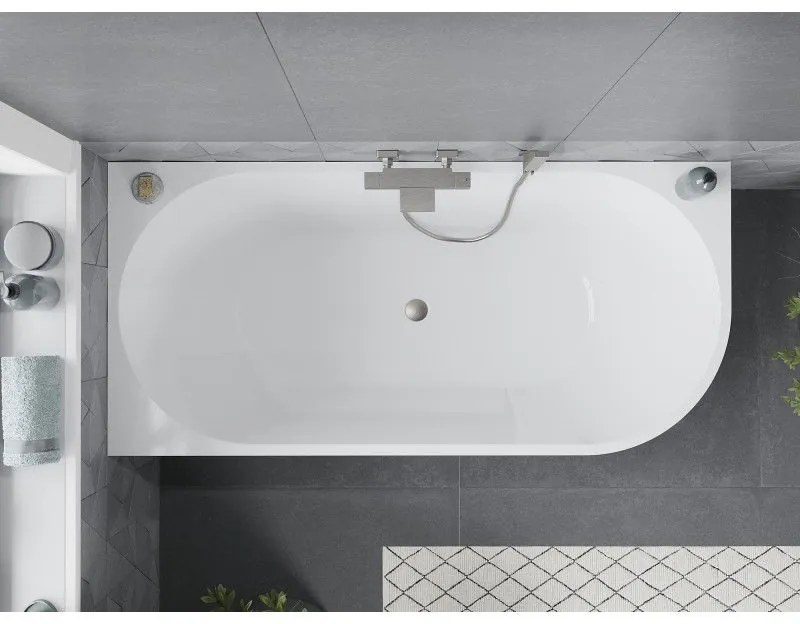 Mexen Mia, voľne stojaca rohová vaňa ľavá 160 x 80 cm, biela/čierna, prepad brúsený nikel, 52691608075L-97