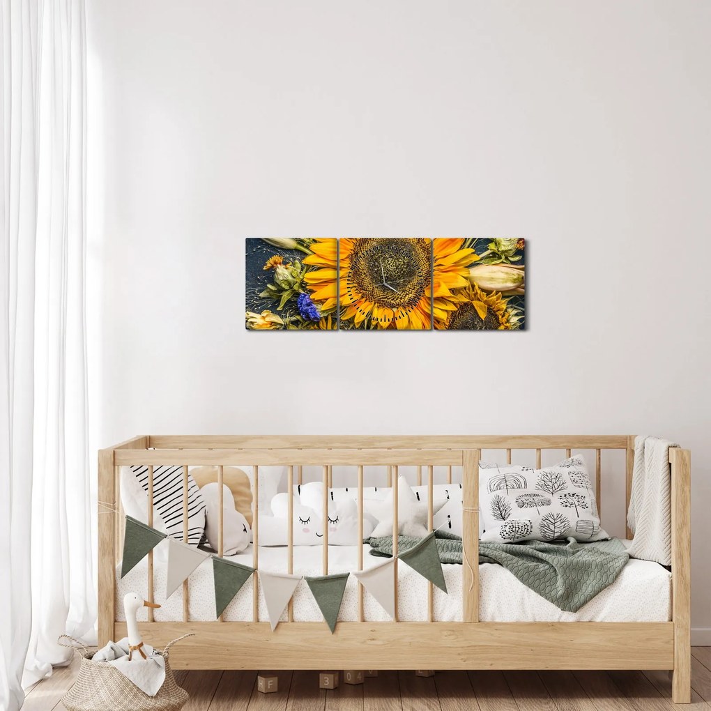 Obraz - Jesenné kvety (s hodinami) (90x30 cm)