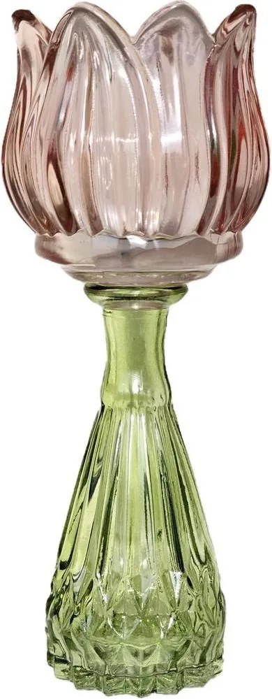 Pastelovo ružový sklenený svietnik / váza tulipán Love Tulip - Ø 7*18 cm