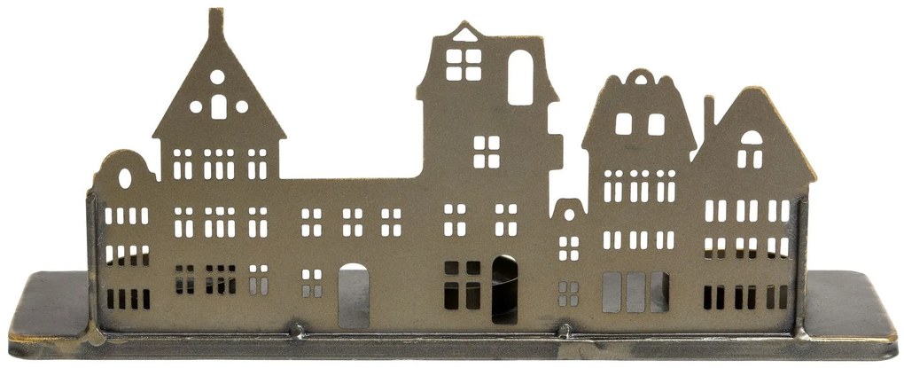 Mosadzný antik kovový svietnik na čajovky s domčekmi Canie - 30*8*12 cm