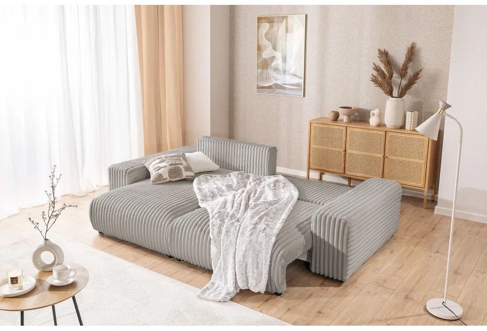 Svetlosivá menčestrová rozkladacia/s úložným priestorom rohová pohovka (ľavý roh) Sarina – Ropez