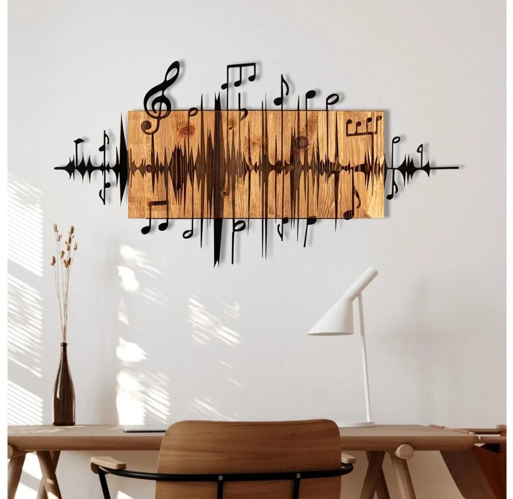 Nástenná dekorácia 90x47 cm noty drevo/kov