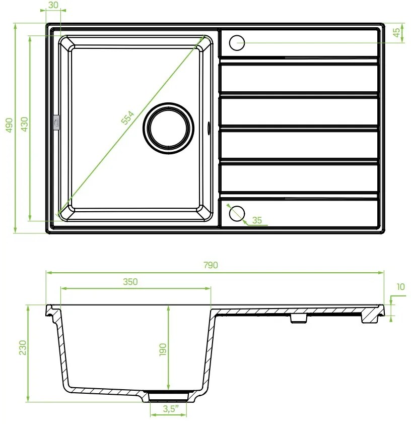 Laveo Margarita, 1-komorový granitový drez 790x490x230 mm, šedá, LAV-SBM_511T