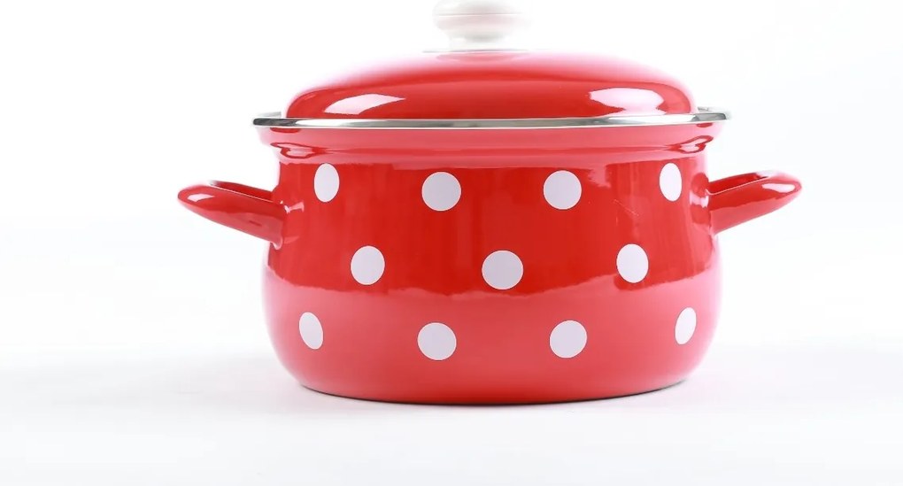 BELIS súprava smaltovaných hrncov červených s bielymi bodkami, 16 ks