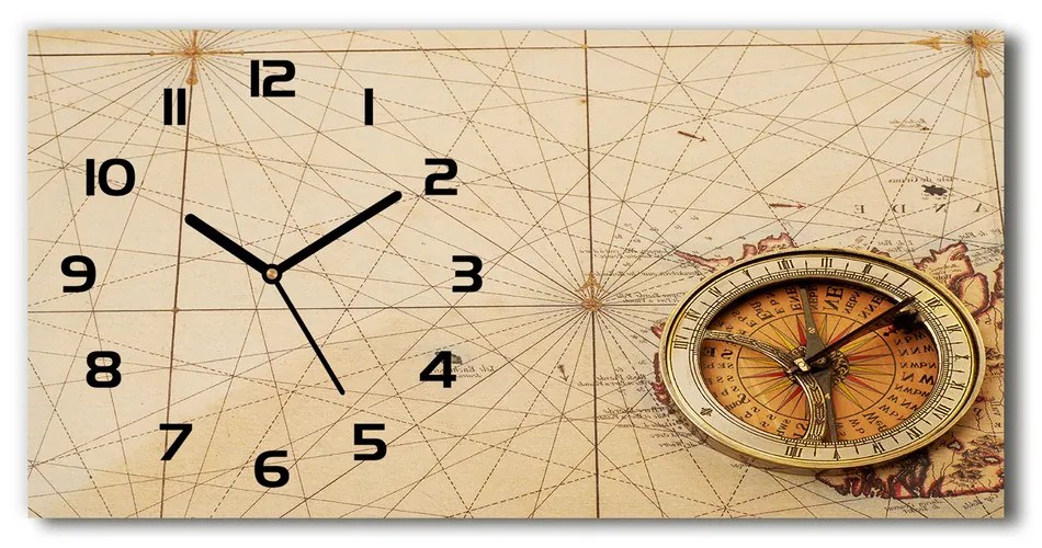 Vodorovné Sklenené hodiny na stenu Kompas na mape pl_zsp_60x30_f_122551026
