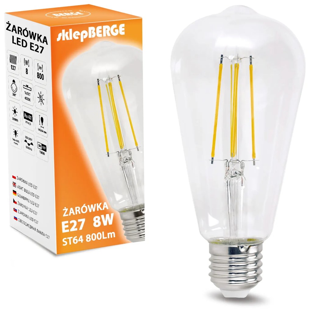 BERGE LED žiarovka E27 ST64 8W neutrálna biela