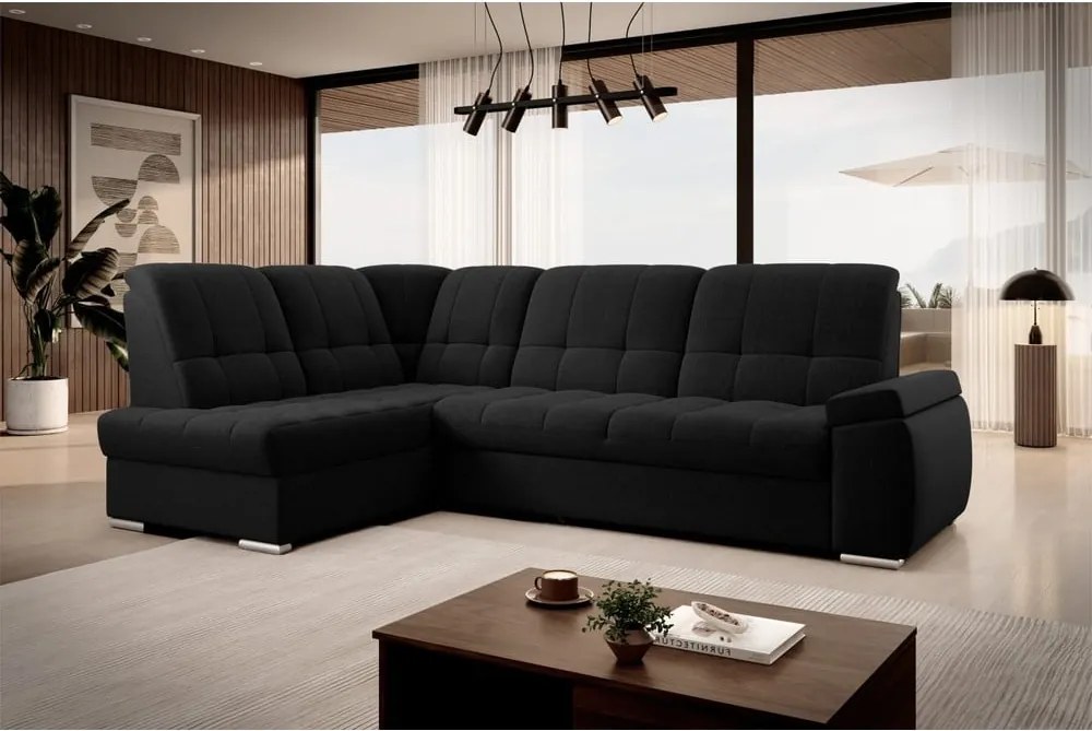 Čierna rozkladacia/s úložným priestorom rohová pohovka (ľavý roh/do L) Sado – ELTAP