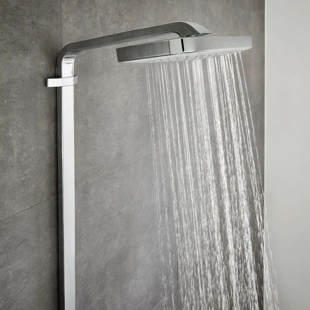 HANSGROHE Raindance Select E Showerpipe nástenný sprchový systém s termostatom ShowerTablet Select 300, horná sprcha 3jet 318 x 190 mm, ručná sprcha 3jet, biela/chróm, 27127400