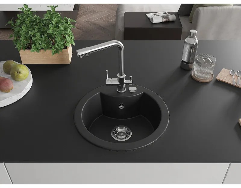 Mexen Diego, 1-komorový granitový drez 488x488x167 mm, chrómová batéria Duero, čierna, 6512-77-671600-00