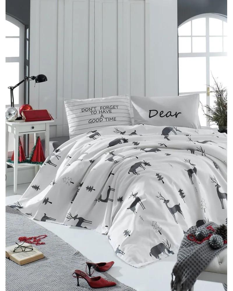 Set bavlneného plédu, plachty a 2 obliečok na vankúše na dvojlôžko EnLora Home GoodTime White, 200 × 235 cm