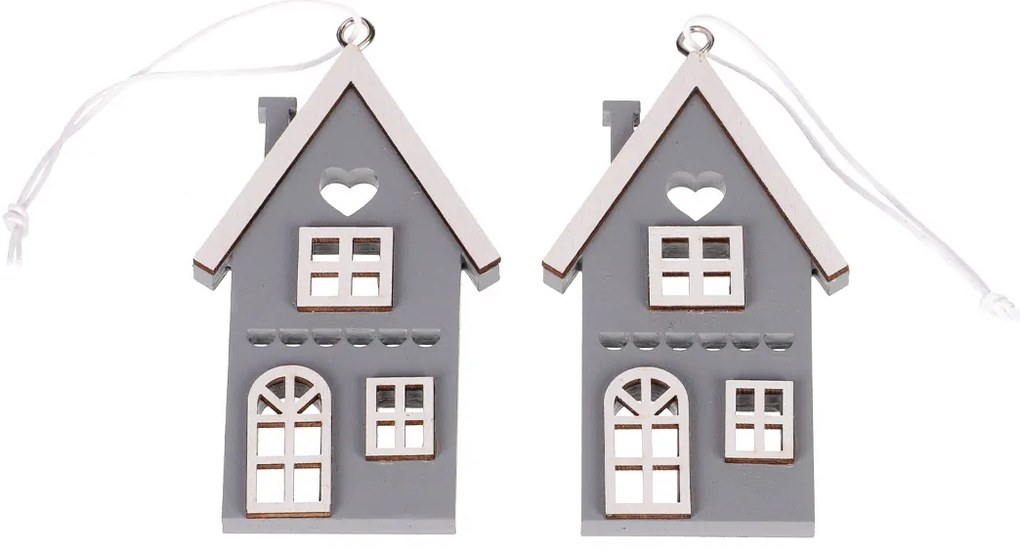 Závesný drevený domček, sivá, v. 9 cm, SET 4 KS