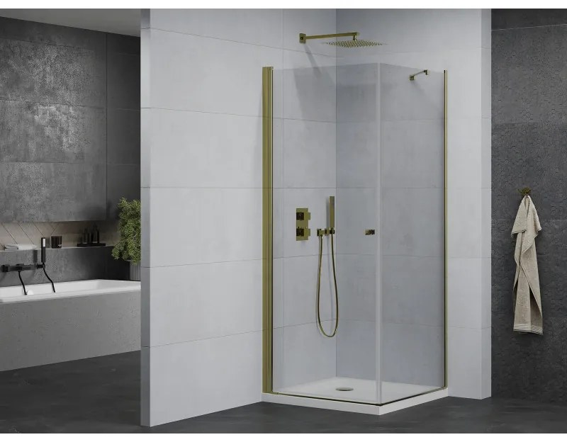 Mexen Pretoria sprchovací kút 90 x 90 cm, 6mm sklo, zlatý profil-číre sklo + slim sprchová vanička 5cm, 852-090-090-50-00-4010