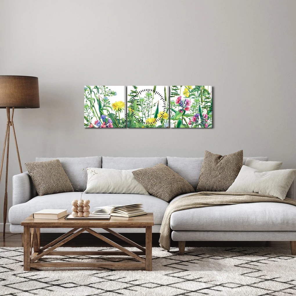 Obraz - Maľované lúčne kvety (s hodinami) (90x30 cm)