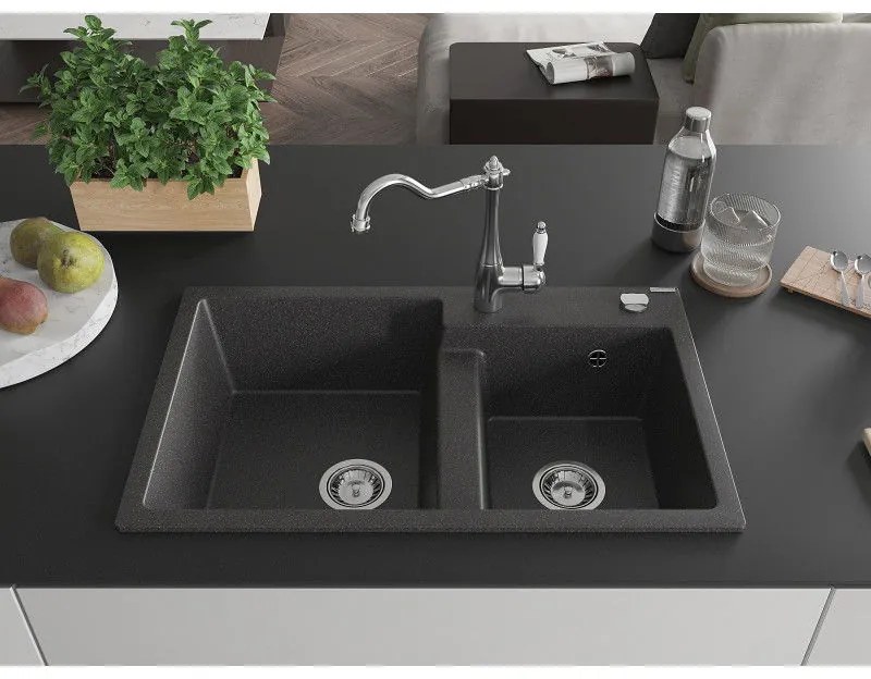 Mexen Tomas, granitový drez 800x500x190 mm, 2-komorový a drezová batéria Carla, čierna škvrnitá, 6516-76-670700-00