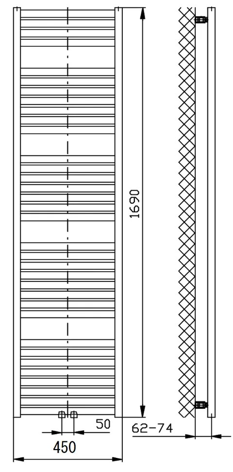 Aqualine, TONDI vykurovacie teleso 450x1690 mm, stredové pripojenie, čierna matná, DT446T