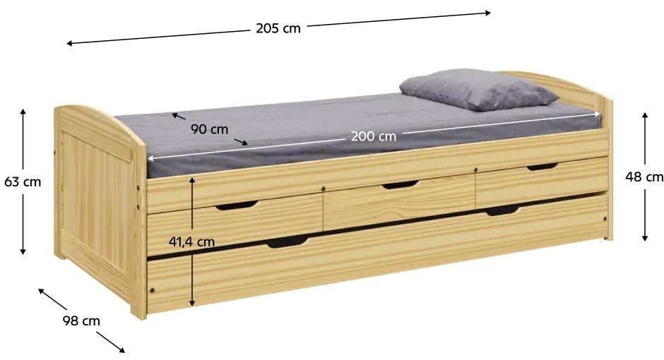 Kondela Posteľ s výsuvnou prístelkou, prírodná, masív, 90x200, MARINELLA NEW
