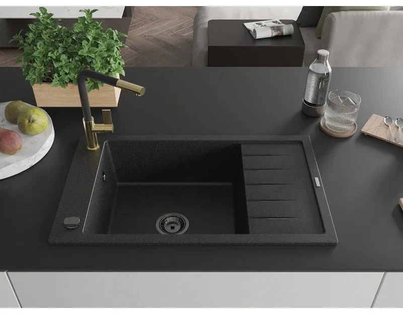 Mexen Elias, 1-komorový granitový drez 795x480x200 mm a drezová batéria Flora, čierna-strieborná metalíza, 6511-73-670401-57-B