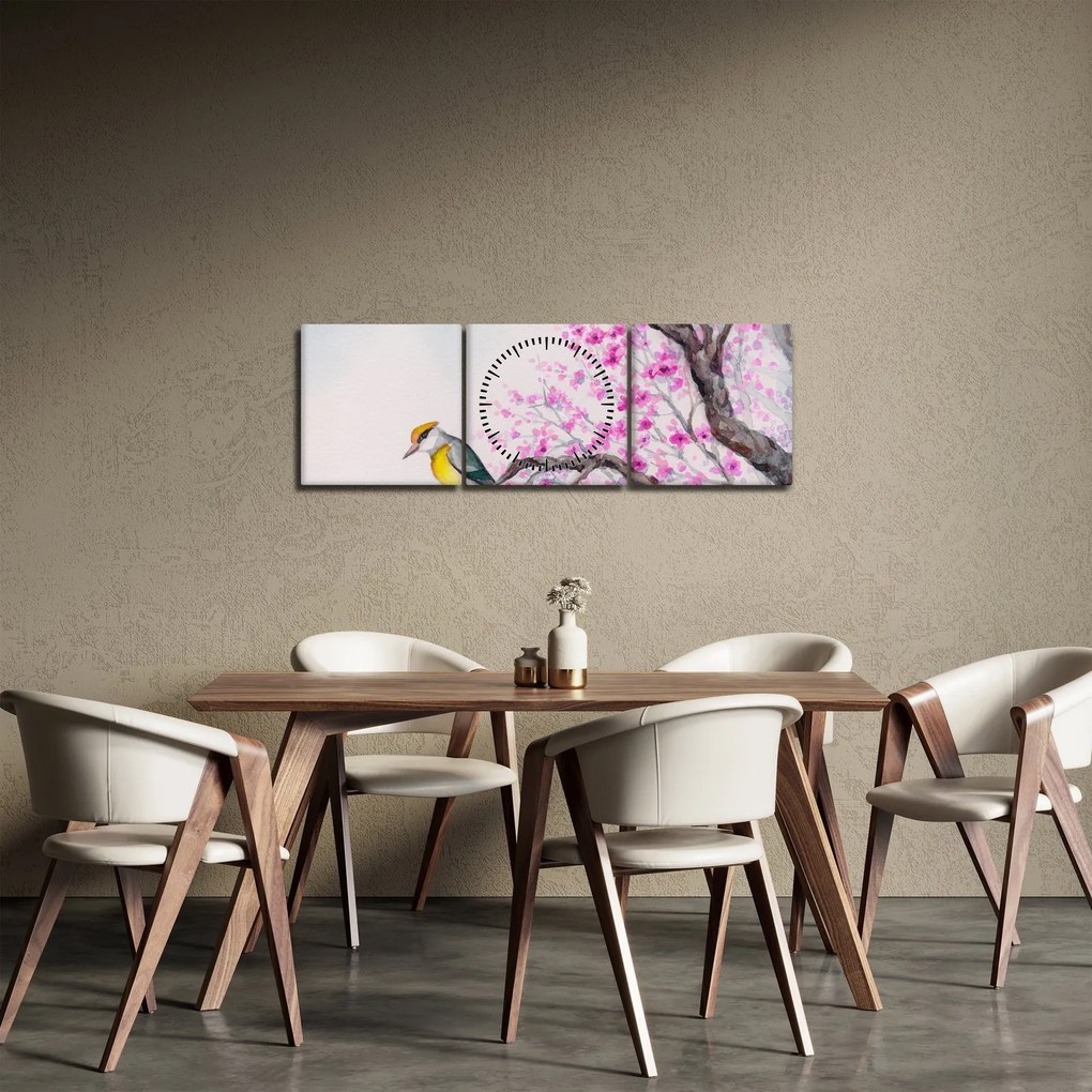 Obraz - Vtáčik na strome s ružovými kvetmi (s hodinami) (90x30 cm)