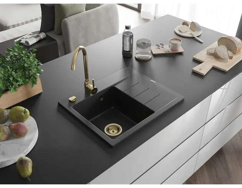 Mexen Ben, 1-komorový granitový drez 600x500x190 mm, ľavý + zlatý sifón, čierna-strieborná metalíza, 6522605000-73-G