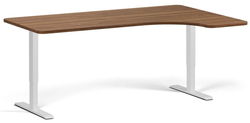 Výškovo nastaviteľný stôl, 180x120 cm, 2 motory, L/P, biela podnož, orech
