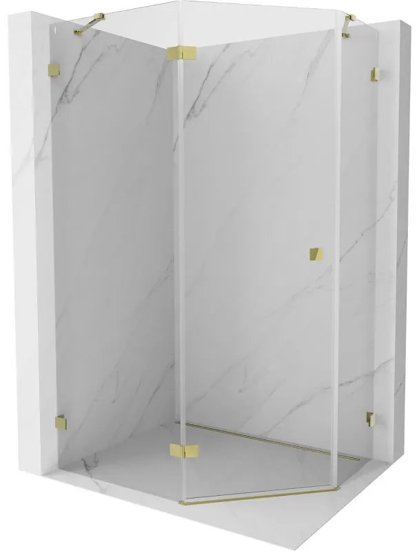 Mexen Lunar, Päťuholníkový sprchový kút Mexen Lunar naklápací doľava 100 x 90 cm, 8mm číre sklo, zlatý profil, 831-100L-090P-50-00-L