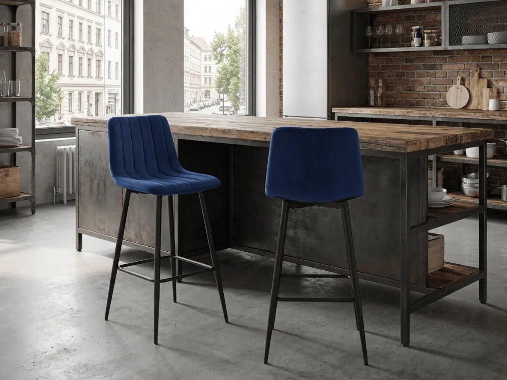 Modrá barová stolička POZZA VELVET s čiernymi nohami