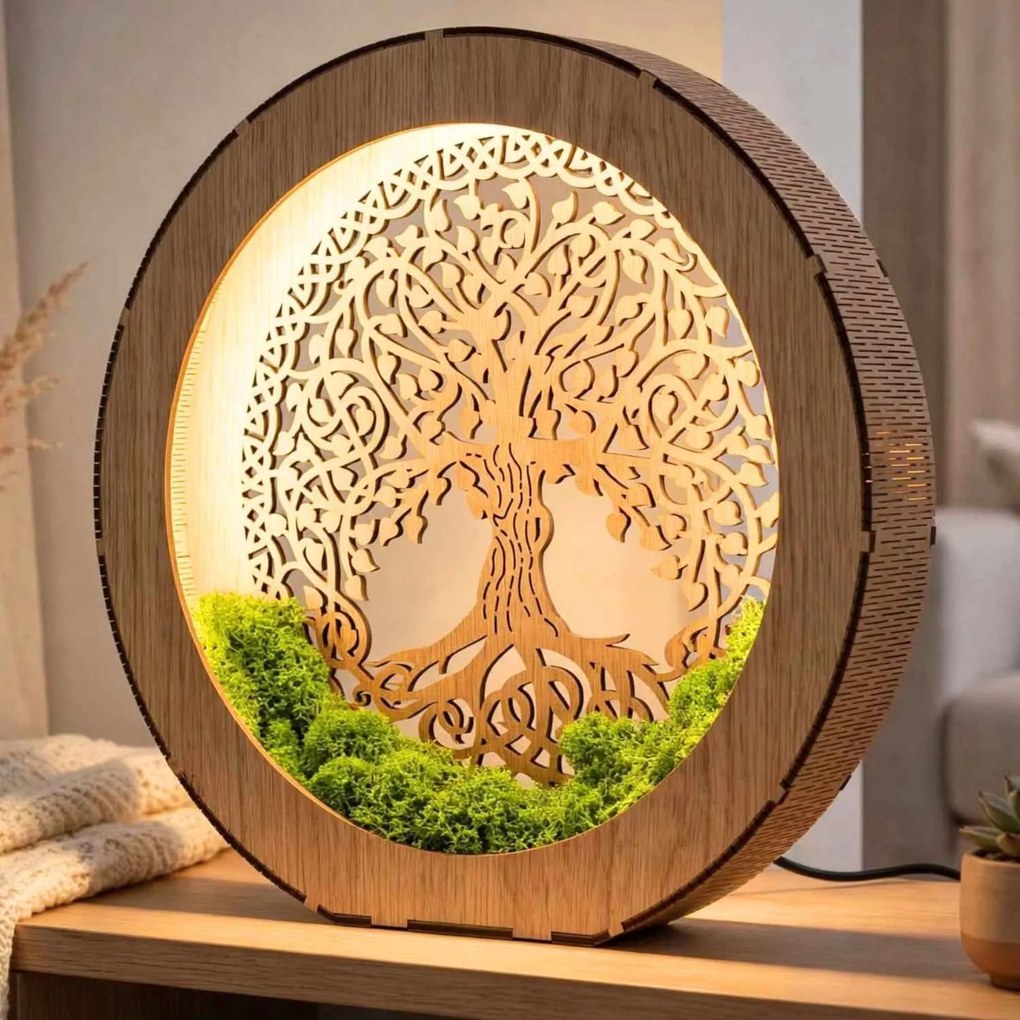 Stolová lampa Strom života s machom | ZIVENA: HDF - Orech 20 cm 4785-115180 LED0610-20-WALNUT