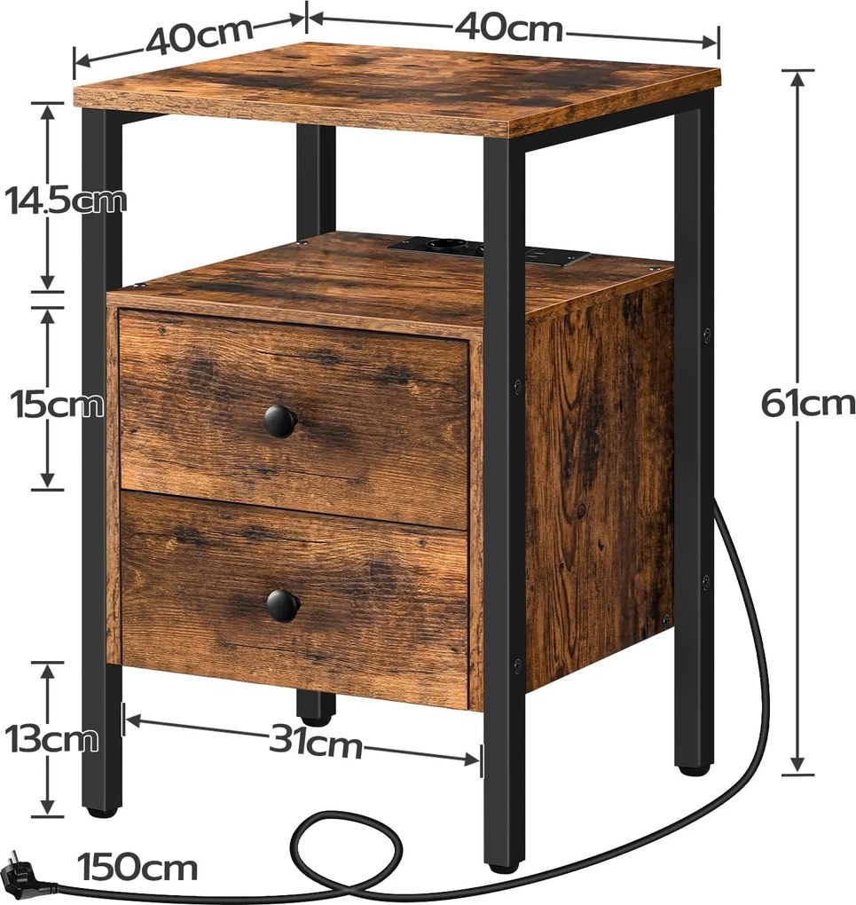 Nočný stolík Vasagle Jungo 40 cm s nabíjacou stanicou hnedý/čierny