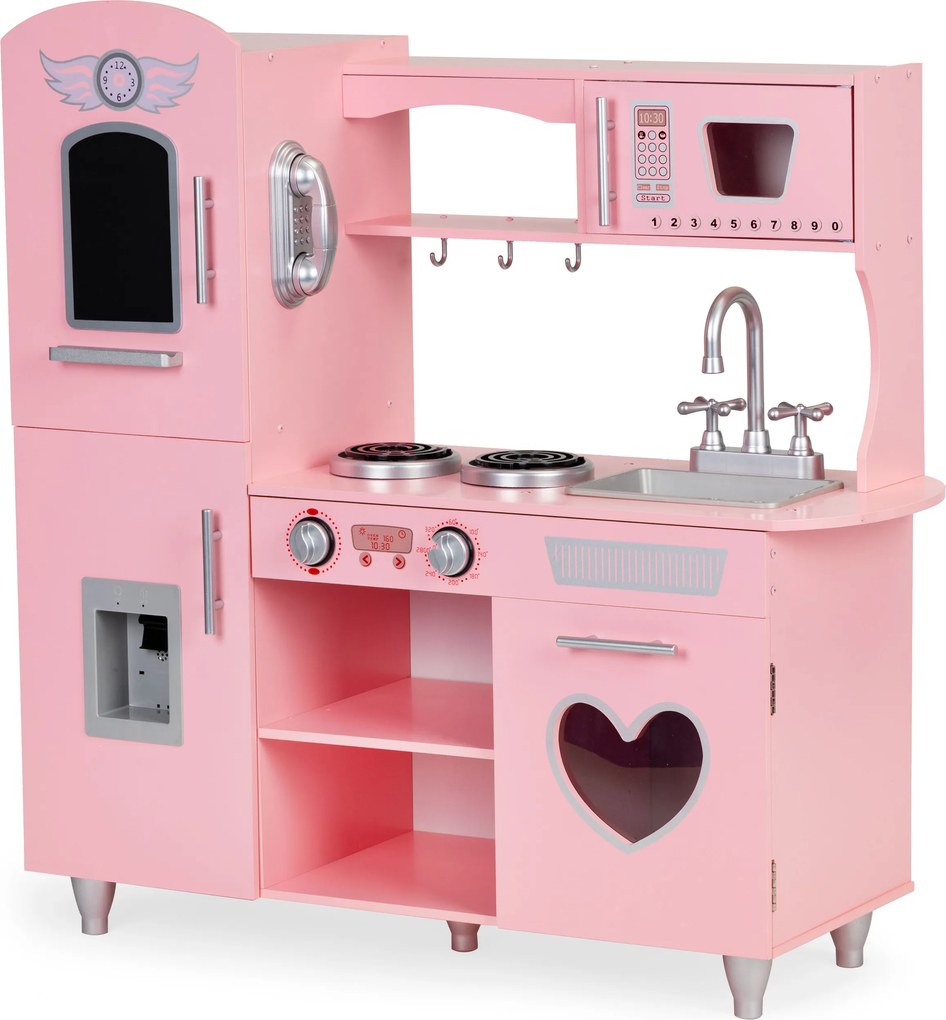 Drevená detská kuchynka Ecotoys ružová s efektnými zvukmi