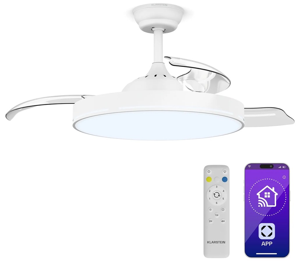 Klarstein AirFold, Inteligentný stropný ventilátor, Zaťahovacie lopatky, Stmievateľné LED svetlo, Smart