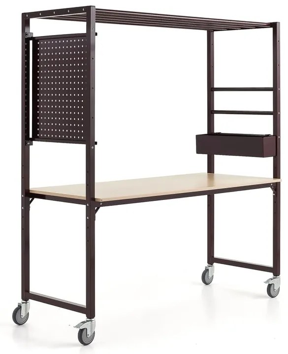 Mobilný multifunkčný stôl TEAMWORK, box na príslušenstvo, panel na náradie, bordová/breza