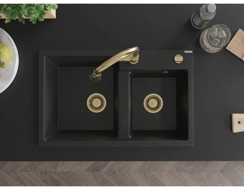 Mexen Tomas, 2-komorový granitový drez 800x500x190 mm a drezová batéria Elia, čierna, 6516-77-670101-50