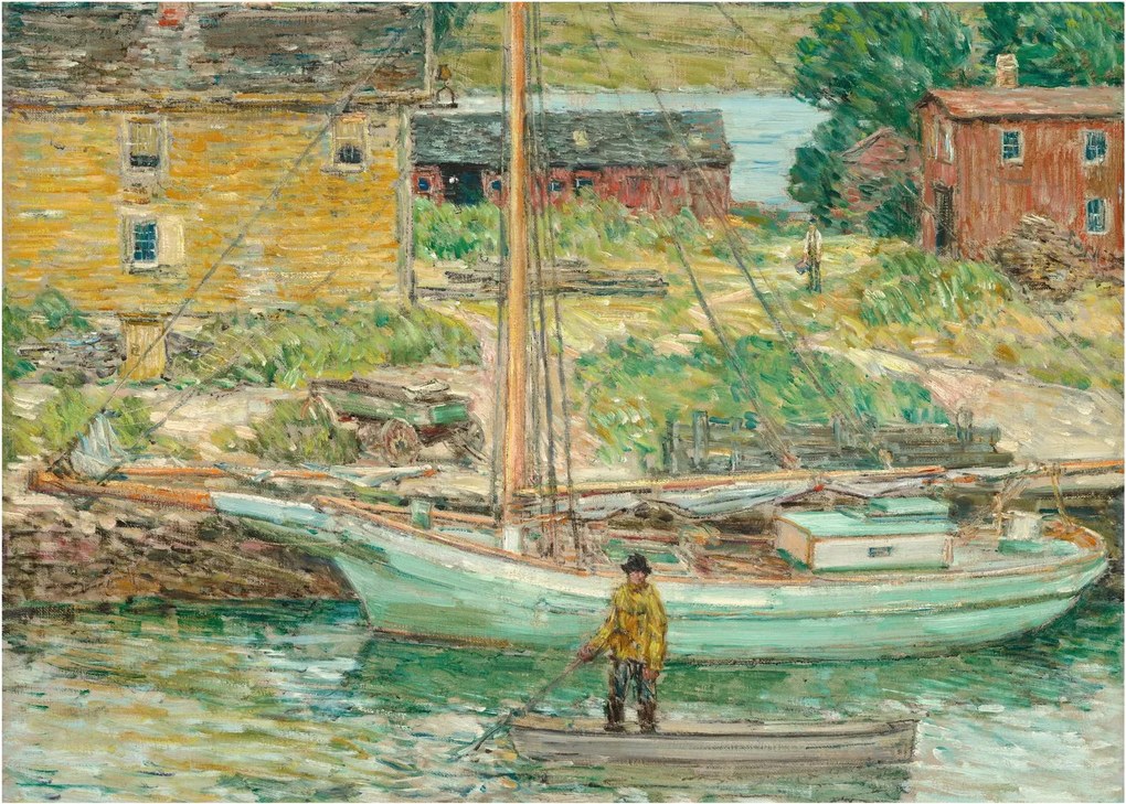 Sklenený obraz - Childe Hassam, Oyster Sloop, Cos Cob, reprodukcia (70x50 cm)