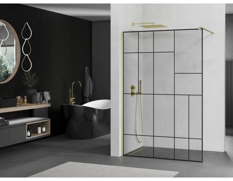 Mexen Kioto, sprchová zástena Walk-In 80 x 200 cm, 8mm číre sklo čierny vzor, zlatý matný profil, 800-080-101-55-78