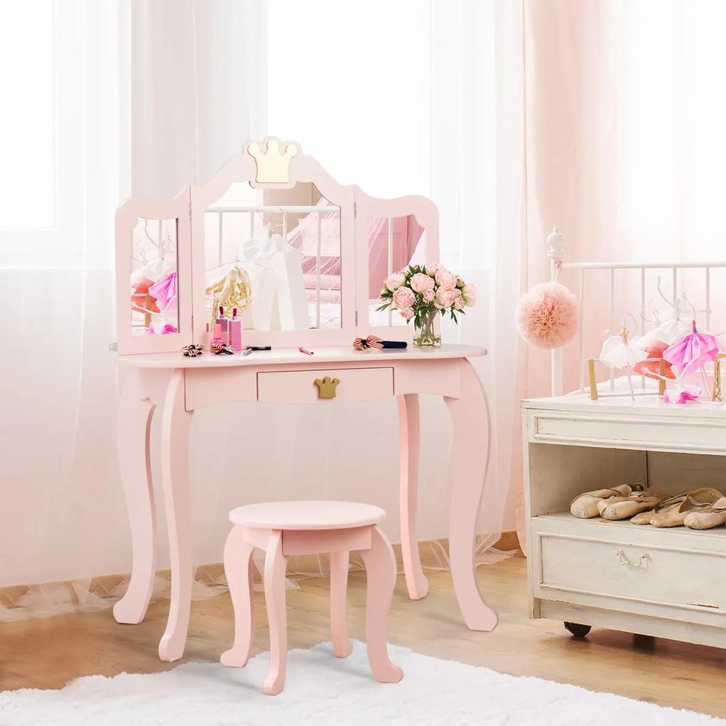 2v1 detský toaletný stolík s taburetkou a trojitým zrkadlom, ružová