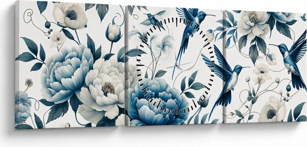 Obraz - Kolibríky s kvetmi (s hodinami) (90x30 cm)