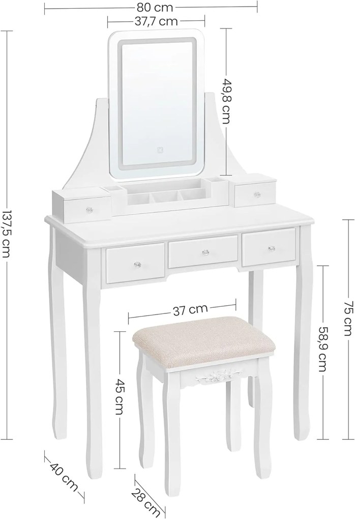 Toaletní stolek s LED osvětlením a taburetem Vasagle Avitas bílý