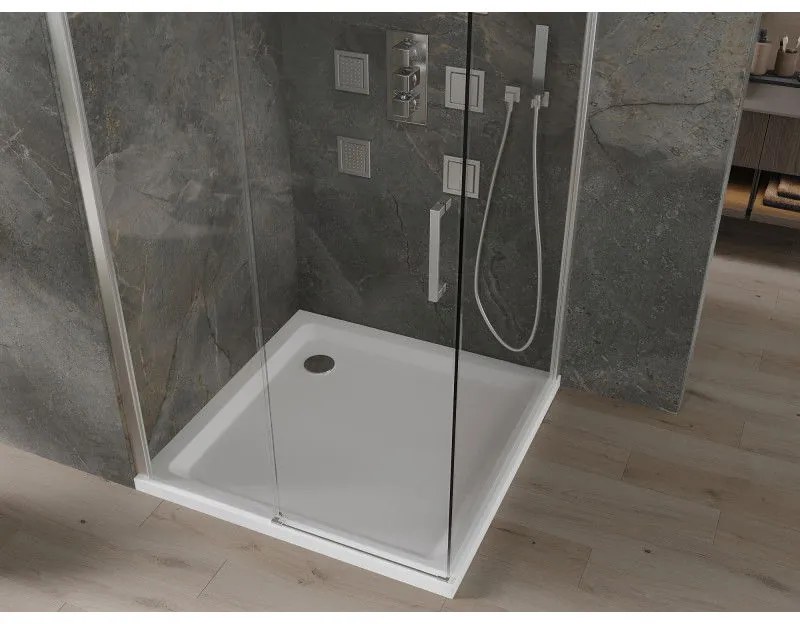 Mexen Omega, sprchovací kút s posuvnými dverami 100 (dvere) x 100 (stena) cm, 8mm číre sklo, chrómový profil + slim sprchová vanička 5cm, 825-100-100-01-00-4010